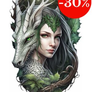 Plaque métal : Femme & feuilles verte avec dragon - 30x48cm