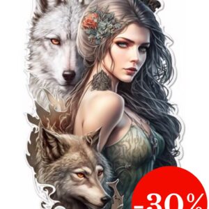 Plaque métal : Femme avec rose dans les cheveux et 2 loups (droit) - 29,5x48cm