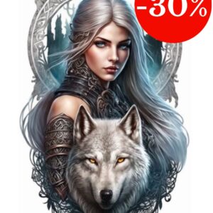 Plaque métal : Femme & loup devant elle (bleu) - 30x48cm