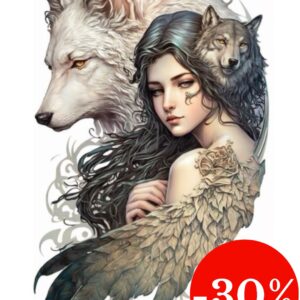 Plaque métal : Femme ailée, loups blanc & gris - 29,5x48cm