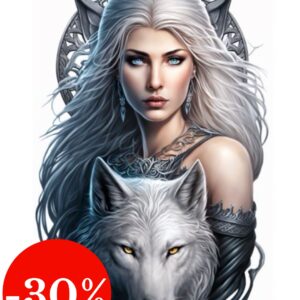 Plaque métal : Femme d'hiver & loup blanc - 31x48cm