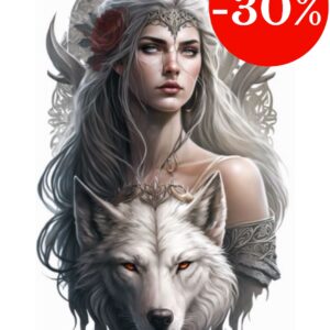 Plaque métal : Femme avec rose dans les cheveux & 1 loup - 29x48cm