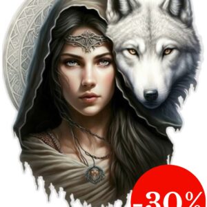 Plaque métal : Femme au médaillon & loup blanc - 36x45cm