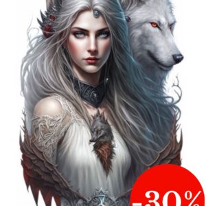 Plaque métal : Femme collier loup & loup (bleu) - 30x48cm