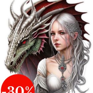 Plaque métal : Femme blanche & dragon rouge - 36x43cm