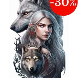 Plaque métal : Femme à boucle d'oreille rouge & loups - 27x48cm