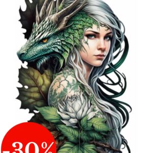 Plaque métal : Femme avec feuilles verte & dragon vert - 28,5x48cm