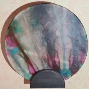 Tambour chamanique - peau de bison, bois d'érable - dégradé bleu, turquoise, vert