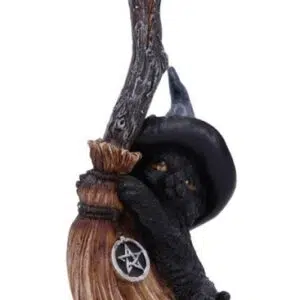 Chat sorcier avec son balai - 12cm