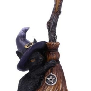 Chat sorcier avec son balai à sa gauche - 11,5cm