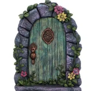 Porte verte enchantée de fée avec fleurs jaune et rose -16,5cm