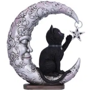 Chat noir sur lune essayant d'attraper une étoile - 18,8cm