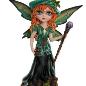 Fée verte de la forêt avec un petit dragon tenant son sceptre - 21cm