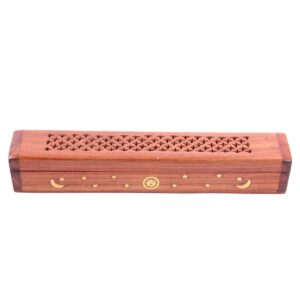 Porte encens cônes et bâtons boîte bois Soleil, Lune et étoiles