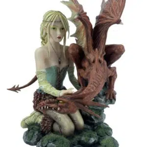 Elfe à genoux avec dragon orangé - 30cm