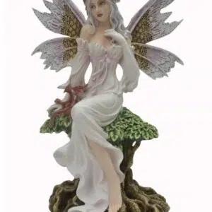 Fée blanche sur plante avec dragon rouge - 47cm