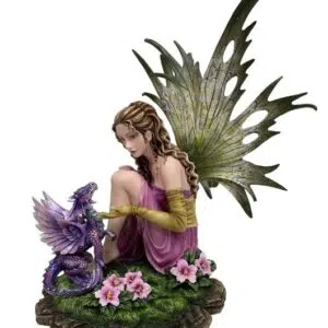 Fée en robe rose avec petit dragon violet - 35cm