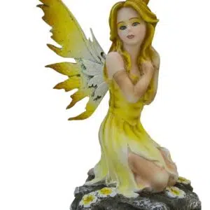 Fée jaune à genoux se tenant les cheveux - 14cm