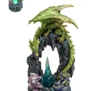 Mère dragon avec ses petits sur rocher & cristal bleu (LED) - 27cm