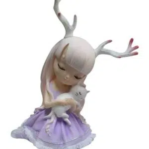 Petite fée avec bois et chat - 14cm