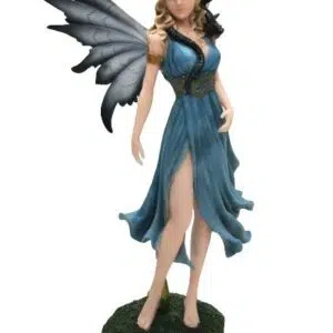 Fée en robe bleue avec dragon noir ailes rouge - 30cm