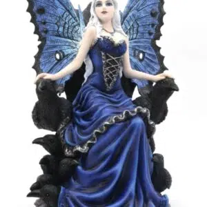 Fée bleue sur trône 8 corbeaux - 28cm