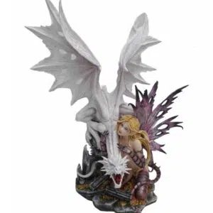 Dragon blanc avec fée succube sur pièces d'or - 58cm