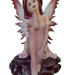 Fée rose assise pensive sur rocher - 14cm