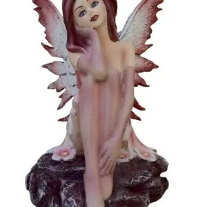 Fée rose assise pensive sur rocher - 14cm