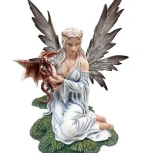 Fée blanche assise avec dragon rouge - 37cm