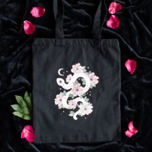 Sac tote-bag : Serpent blanc et roses