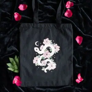 Sac tote-bag : Serpent blanc et roses