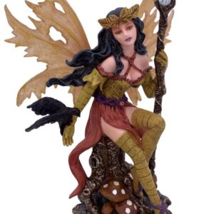 Fée marron avec ailes jaune et corbeau à la main - 15,5cm