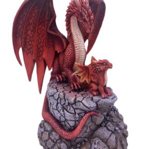 Dragonne rouge & son petit sur rocher - 19cm