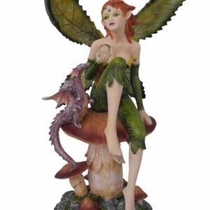 Fée assise sur champignon avec dragon - 22x14cm