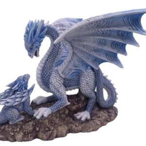 Dragon bleu-blanc & bébé sur rocher - 20x16cm