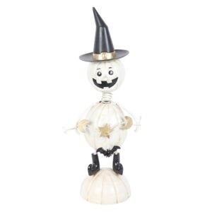 Décoration en métal blanc représentant un homme citrouille avec un chapeau de sorcière - 41cm