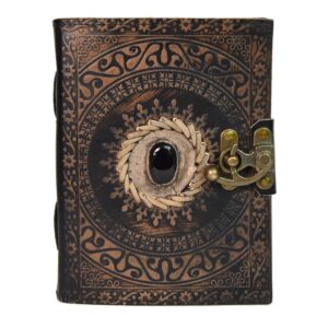 Grimoire vierge (cuir) : Obsidienne noire - 18cm