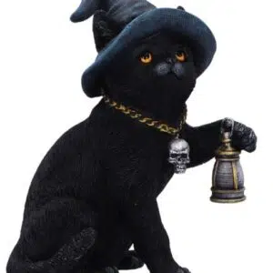 Chat noir sorcier tenant lanterne - 18cm