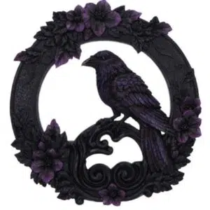 Plaque murale : Corbeau sur couronne fleurie