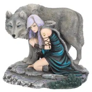 Femme contre loup gris protecteur (Anne Stokes - Édition limitée) - 25cm