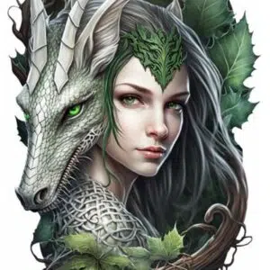 Plaque métal : Femme & feuilles verte avec dragon - 30x48cm