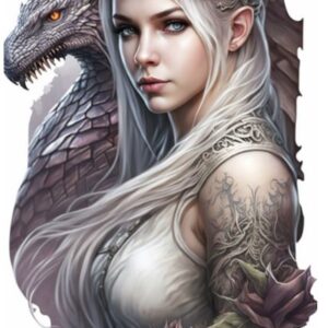 Plaque métal : Femme avec roses & dragon blanc - 30x48cm