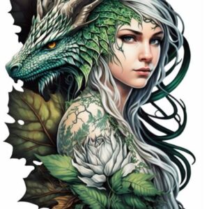 Plaque métal : Femme avec feuilles verte & dragon vert - 28,5x48cm