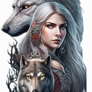 Plaque métal : Femme à boucle d'oreille rouge & loups - 27x48cm