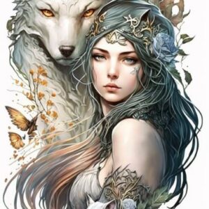 Plaque métal : Femme avec papillons & loups blanc - 27x48cm