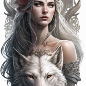 Plaque métal : Femme avec rose dans les cheveux & 1 loup - 29x48cm