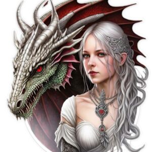 Plaque métal : Femme blanche & dragon rouge - 36x43cm