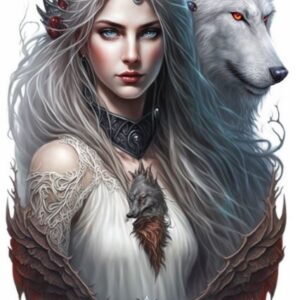 Plaque métal : Femme collier loup & loup (bleu) - 30x48cm