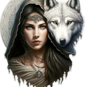 Plaque métal : Femme au médaillon & loup blanc - 36x45cm